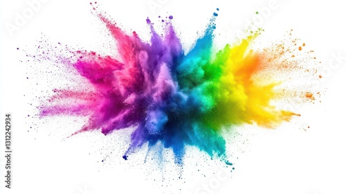 Vivid splash of colorful powder exploding with a freezing effect, isolated on a white background, showcasing dynamic bursts of vibrant hues and a frosty visual impact. photo