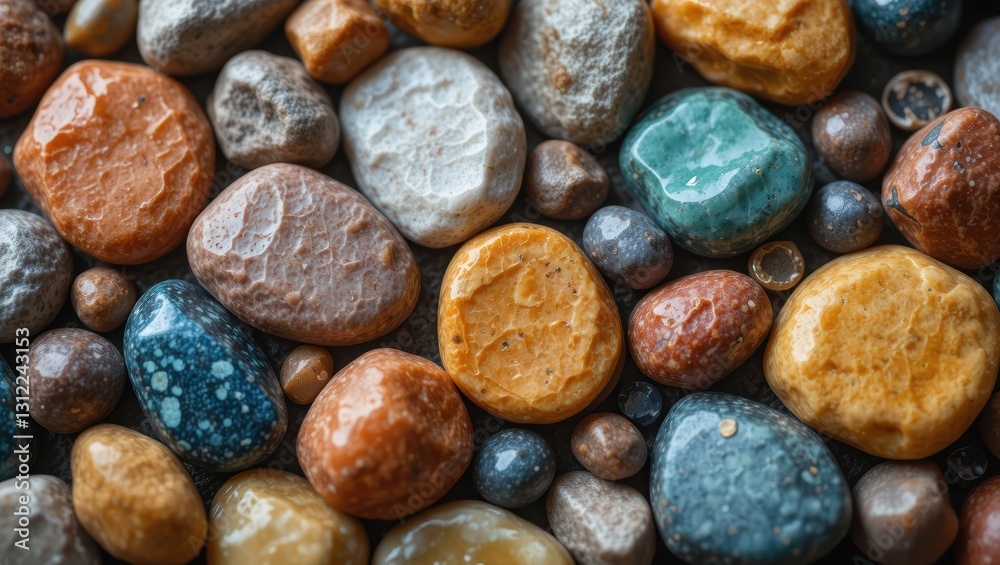 Vibrant Natural Stones and Pebbles with Diverse Textures and Colors Outdoor Background Vibrant Natural Stones and Pebbles with Diverse Textures and Colors Outdoor Background