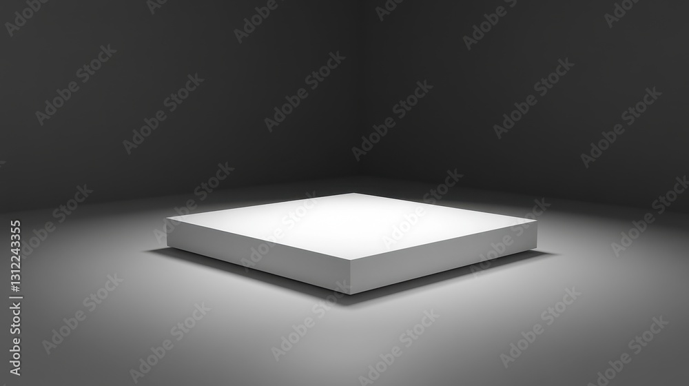 Minimalist White Display Platform in Dimly Lit Modern Space Minimalist White Display Platform in Dimly Lit Modern Space