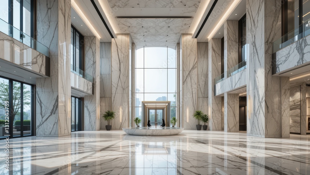 Obraz premium Spacious Modern Lobby Featuring Elegant Marble Flooring and Natural Light in Urban Setting