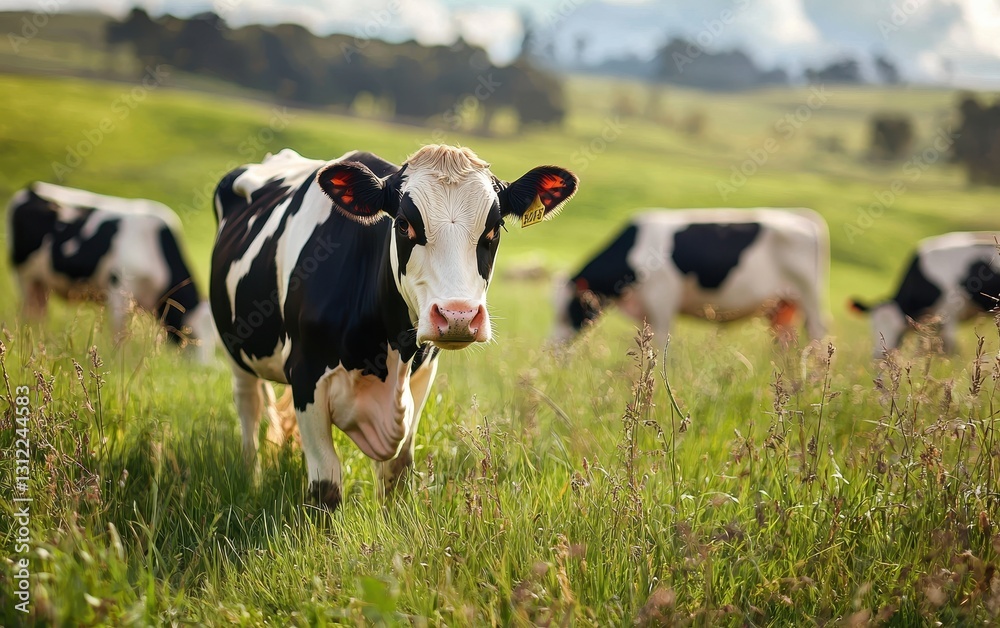 Cows Grazing On A Peaceful Spring Pasture