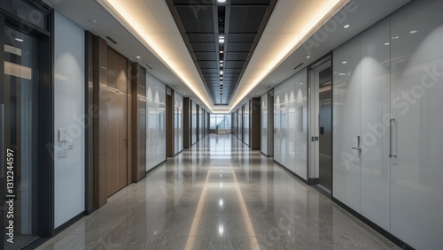 Spacious Modern Hallway with Elegant Glass Walls and Ambient Lighting in Contemporary Office Space