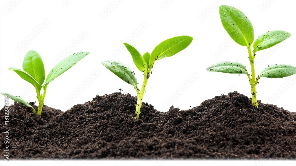 Fototapeta premium Young green plants emerging from rich soil, isolated against a clean white background, symbolizing growth and renewal.