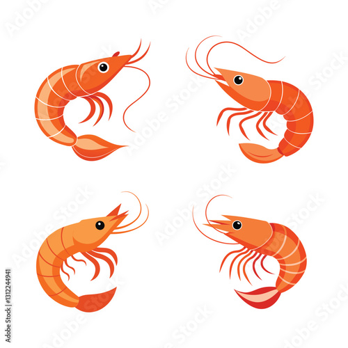 Shrimp Quartet: A playful illustration of four cooked shrimp displayed against a clean background, each presented with its own unique pose, highlighting the fresh and vibrant quality.