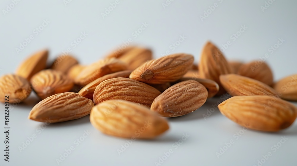 A cluster of raw almonds scattered on a smooth white table, 35mm, f22, cinematic, wide angle lens. before A cluster of raw almonds scattered on a smooth white table, 35mm, f22, cinematic, wide angle lens. before