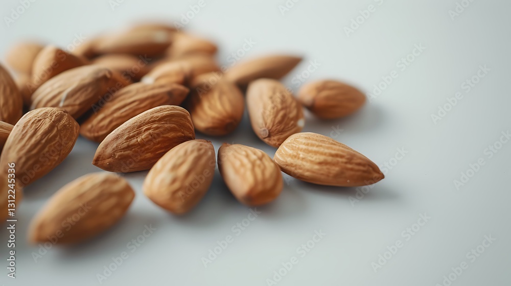 A cluster of raw almonds scattered on a smooth white table, 35mm, f22, cinematic, wide angle lens. before A cluster of raw almonds scattered on a smooth white table, 35mm, f22, cinematic, wide angle lens. before