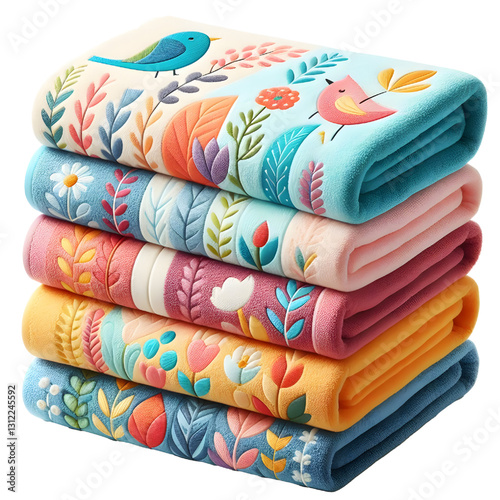 Colorful folded towels for bath room side view isolate on White background