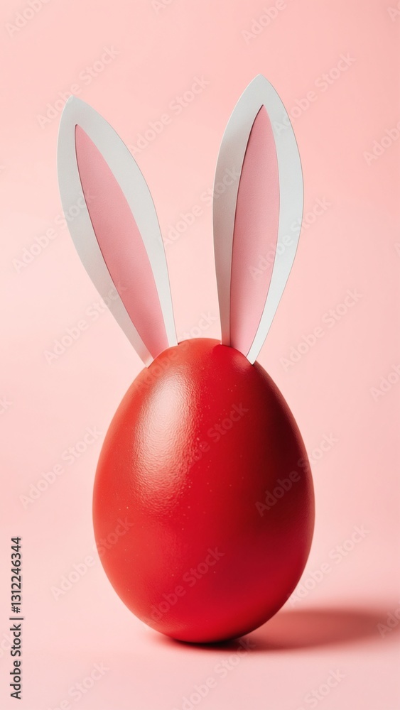 Fototapeta premium Red Easter egg with paper bunny ears