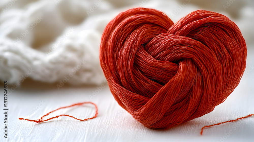 Red yarn heart on white surface Red yarn heart on white surface