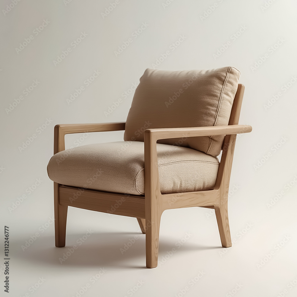 Fototapeta premium beige armchair with light wood frame: modern minimalist