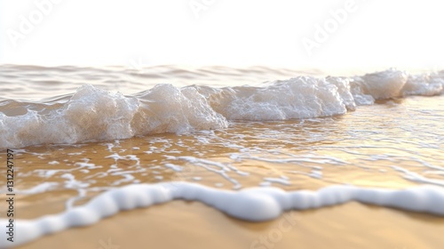 A 3D render of a summertime beach scene featuring golden sand, gentle waves, and a clear, sunny sky.