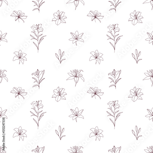 Elegant seamless floral pattern with hand drawn lilies in fine line art style. Minimalist botanical design for fabric, wallpaper, and wrapping paper.