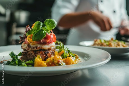 A beautifully plated gourmet dish prepared by a professional chef on one side, compared to a simple home-cooked meal made with basic ingredients on the other side. photo