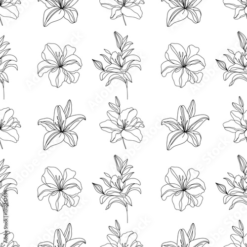 Abstract flowers pattern. Seamless floral pattern with hand-drawn lilies in fine line art style. Elegant monochrome botanical design for fabric, wallpaper, and packaging.
