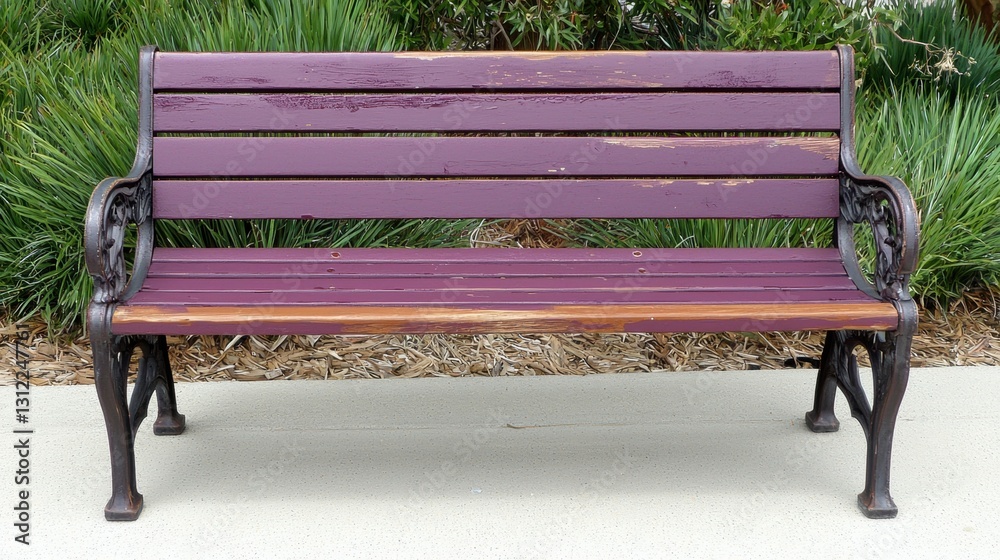 A purple bench with black metal legs and armrests sits on a concrete sidewalk. A purple bench with black metal legs and armrests sits on a concrete sidewalk.
