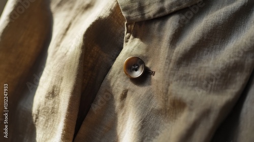 Beige fabric, textured and subtly wrinkled, holds a charming brown button peering left, inviting touch with its intricate details
