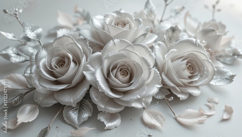 Fototapeta Naklejka Na Ścianę i Meble -  Elegant Silver Glitter Roses Arrangement with Soft Petals on a Light Background