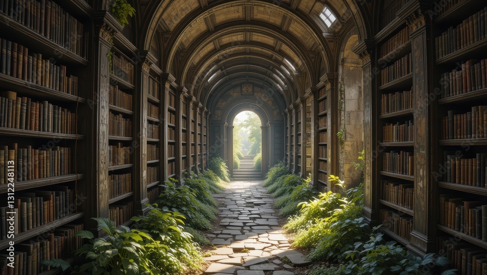 Mysterious Historic Library Corridor Surrounded by Shelves of Books and Lush Greenery Mysterious Historic Library Corridor Surrounded by Shelves of Books and Lush Greenery