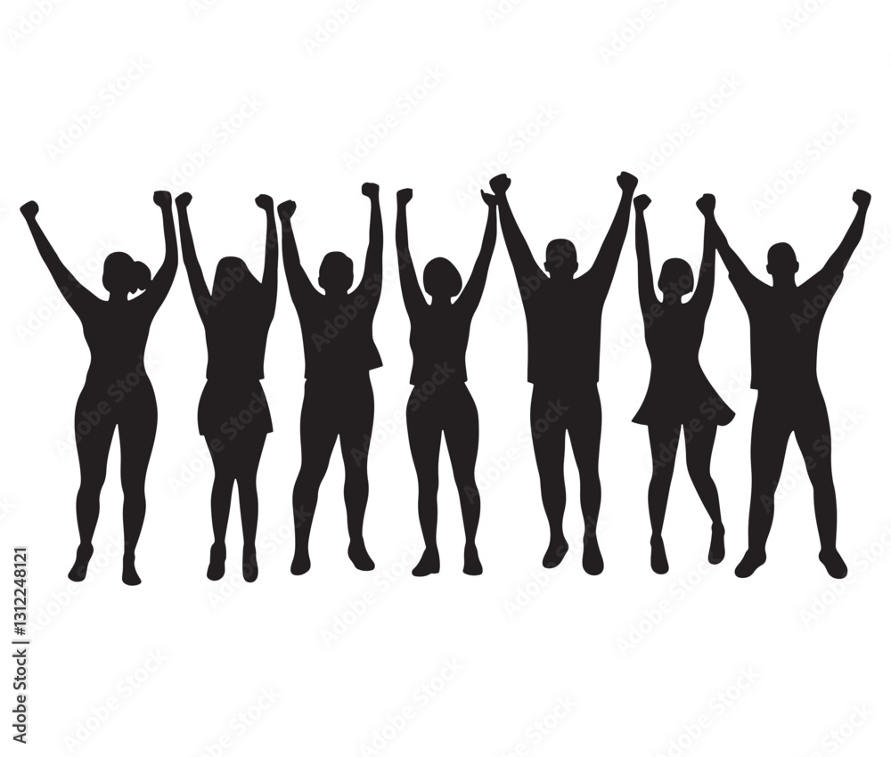 Fototapeta premium Crowd cheering with raised hands silhouette. Celebration silhouettes the joy of success. A cheerful group illustration