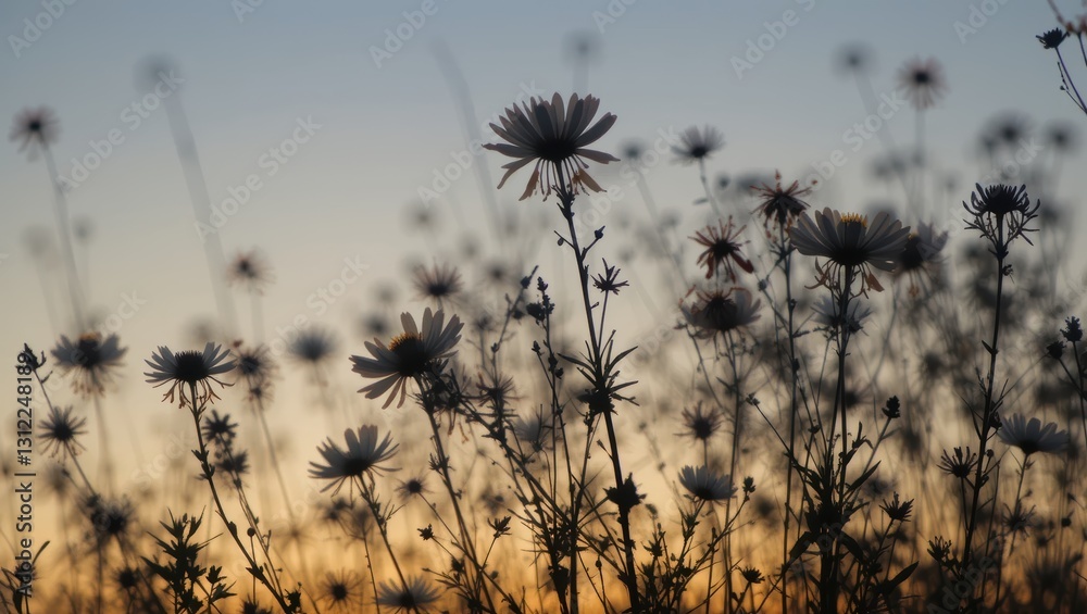 Obraz premium Silhouette of Wildflowers Against a Colorful Sunset Sky in an Open Field