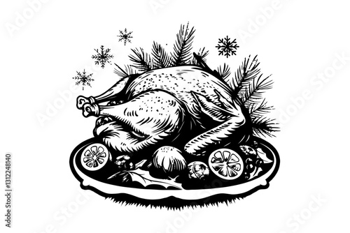 Black and white illustration of a roasted turkey with garnish, surrounded by pine branches and snowflakes, on a white background