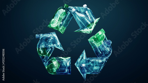 Recycling symbol made of crushed plastic bottles in blue and green tones