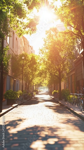 A serene city street bathed in sunlight, featuring lush green trees and bicycles, creating a peaceful urban scene.
