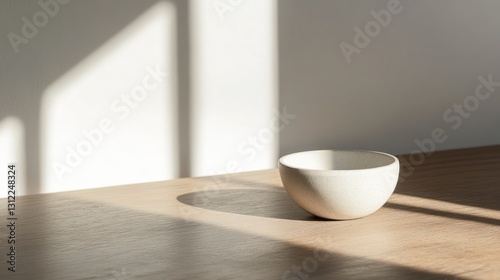 Wallpaper Mural Minimalist Ceramic Bowl Placed on Wooden Table with Soft Sunlight and Shadows Torontodigital.ca