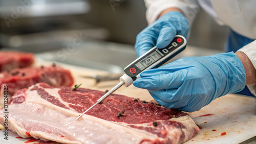 person wearing blue gloves uses digital thermometer to check temperature of raw meat in kitchen setting. focus is on ensuring food safety and proper cooking