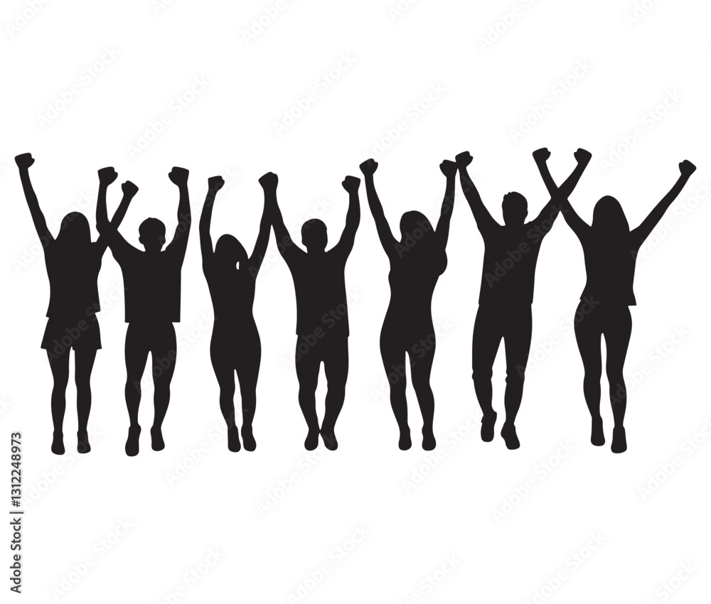 Fototapeta premium Crowd cheering with raised hands silhouette. Celebration silhouettes the joy of success. A cheerful group illustration