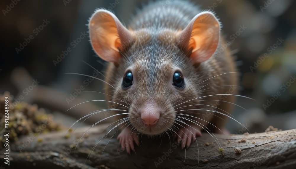Close-Up of a Cute Wild Mouse with Whiskers and Ears in a Natural Forest Environment Close-Up of a Cute Wild Mouse with Whiskers and Ears in a Natural Forest Environment