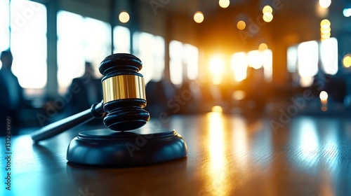 Gavel rests on wooden table as sunlight streams into a courtroom setting during a legal proceeding