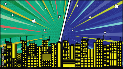 colorful Comic pop art book style background, big city skyline silhouette