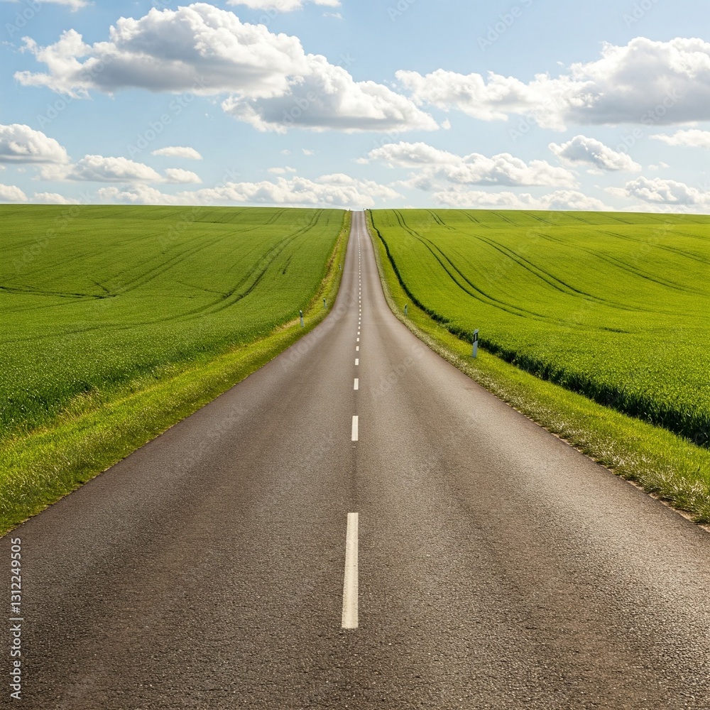 Fototapeta premium Peaceful Countryside Road Surrounded by Green Fields Under Daylight