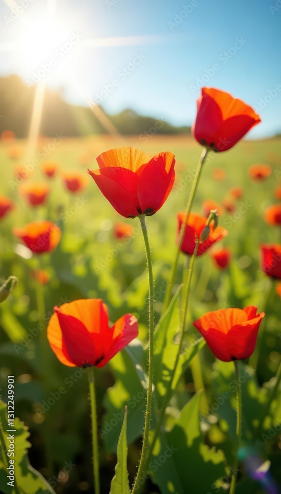Fototapeta premium Crimson poppies sway gently in a sun-drenched field , blossom, blooming, scarlet