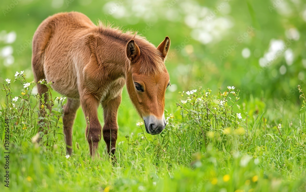 Small Wild Pony Grazing In A Bright Green Valley Small Wild Pony Grazing In A Bright Green Valley