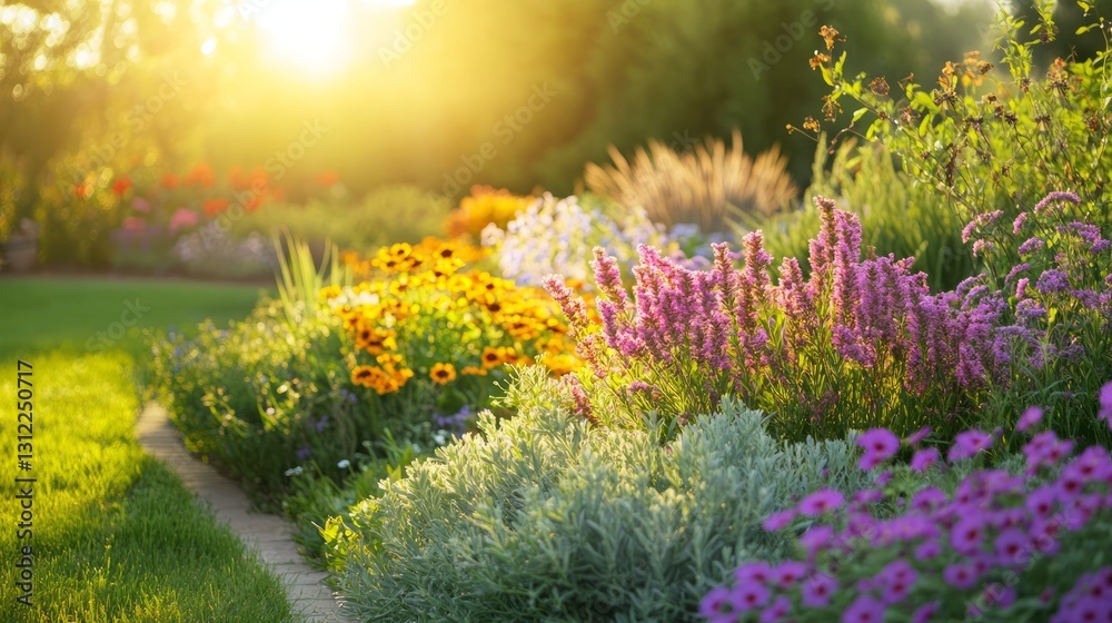 Obraz premium Vibrant garden scene with diverse flowers and plants basking in warm sunlight, creating a peaceful and picturesque atmosphere.
