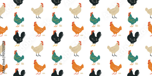 Colorful Rooster Seamless Pattern Vector Illustration. Seamless pattern featuring colorful rooster illustrations arranged in repeating rows. Vibrant design ideal for textiles, wallpapers, backgrounds