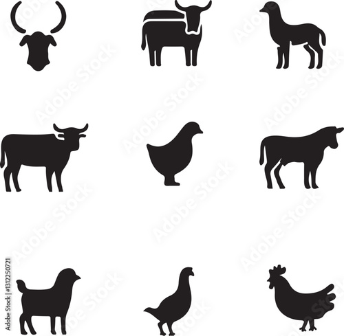 Farm animals silhouette hen horse donkey cow goat icon set 