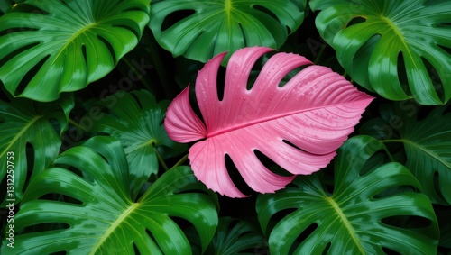 Closeup Of Vibrant Pink Monstera Leaf Surrounded By Lush Green Tropical Leaves