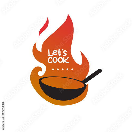 Let's Cook poster  vector template and illustration. Frying pan with fire flame and vintage texture. Retro poster for culinary school, cooking classes and cooking courses
