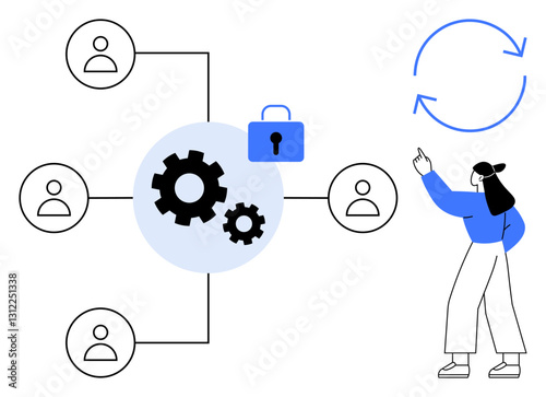 Network of users connected to gears, locked data, and update cycle. Ideal for teamwork, automation, efficiency, data security, collaboration process management digital transformation. Flat simple