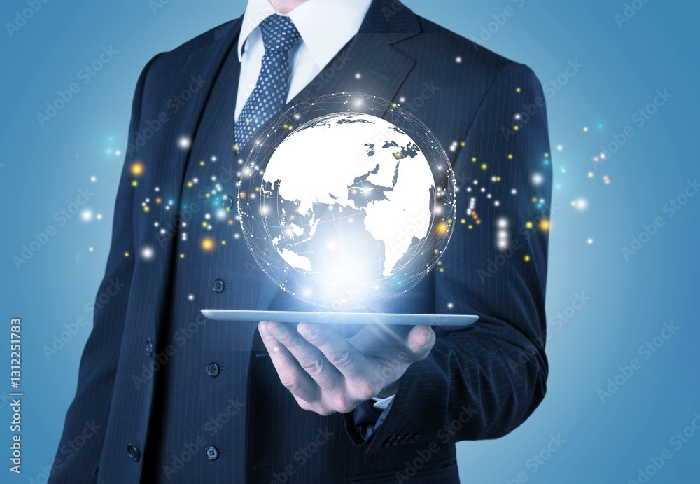hand shows digital marketing, business tech icons