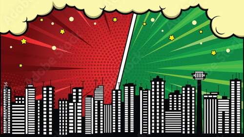 Comic versus fight template background with city and cloud.