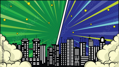 Colorful comic template versus fight background with city and cloud.