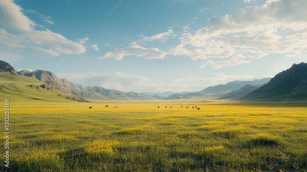 Sunny Day in a Serene Mountain Valley, Cattle Grazing in a Yellow Wildflower Meadow Sunny Day in a Serene Mountain Valley, Cattle Grazing in a Yellow Wildflower Meadow