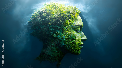 Serene profile of a woman's face covered in lush green foliage, set against a dark blue, smoky background.