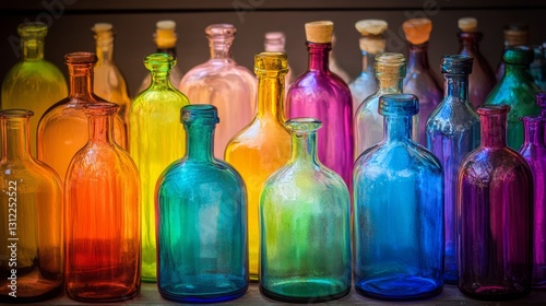 Wallpaper Mural A row of colorful glass bottles with different colors. Some are green, some are blue, and some are yellow Torontodigital.ca