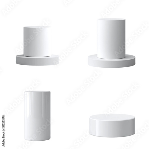 Podium Set: An array of pristine, minimalist, cylindrical podiums in various heights, offering versatile platforms for product display or presentation.