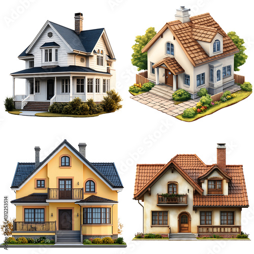 Dream Homes Showcase: An array of charming houses in a diverse range of architectural styles, offering a glimpse into the possibilities of domestic design and inspiring aspirations of homeownership. 